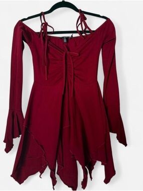 Current Mood Burgundy Off-Shoulder Tie-Front Long Sleeve Fairy Dress